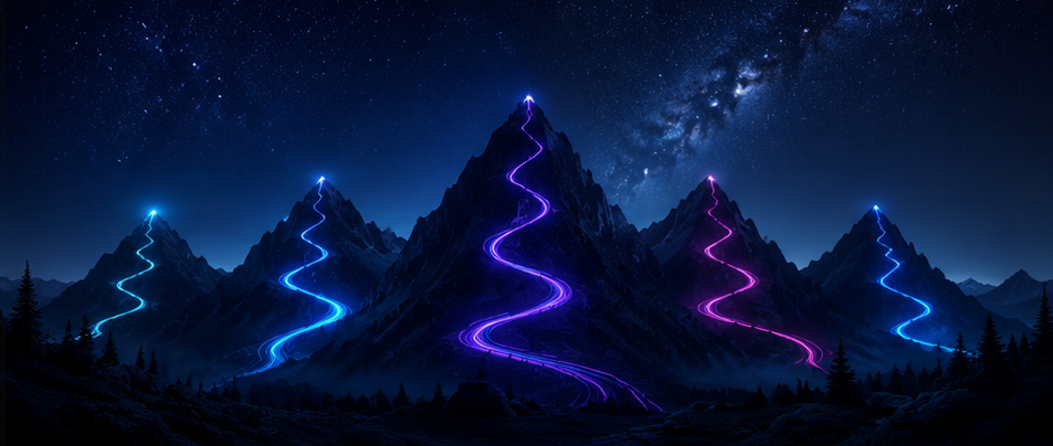 Pathways by NoteMatica AI — five certification paths up five mountain peaks, with course flags along each path